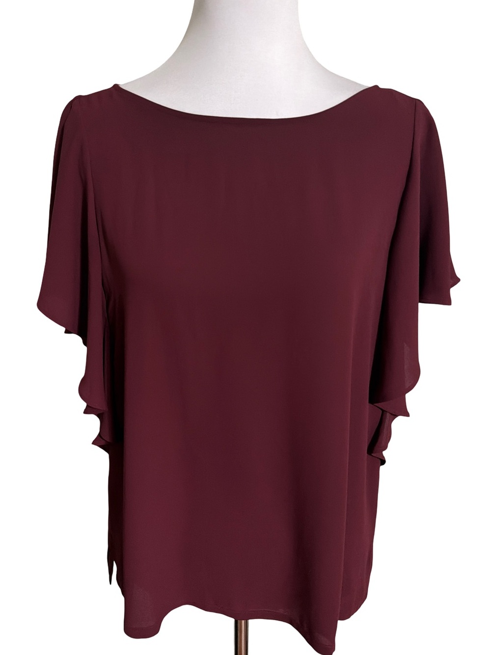 LOFT Burgundy Flutter Sleeve Blouse open back